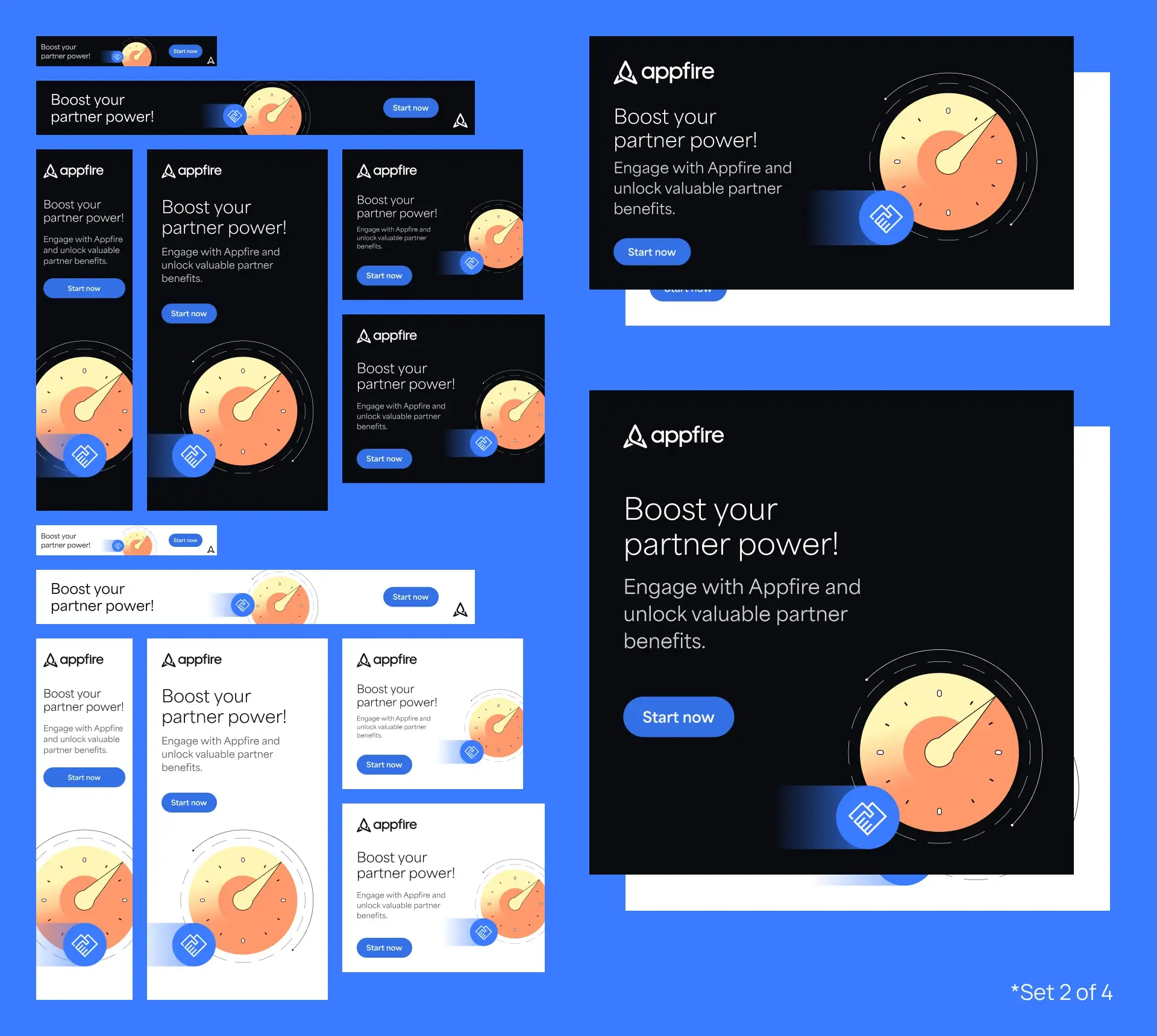 Set of digital ads for Appfire with the text "Boost your partner power! Engage with Appfire and unlock valuable partner benefits." Includes a gauge symbol and "Start now" button on a blue and black background.