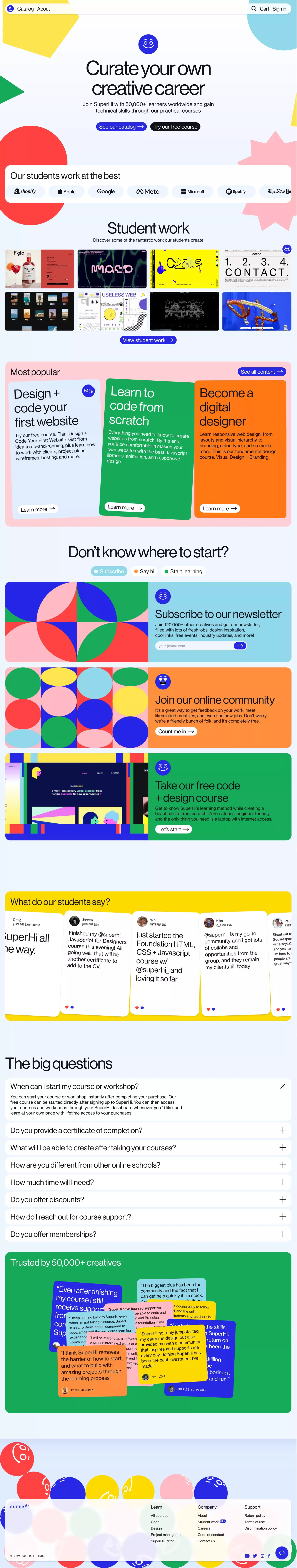 Online code, design, and project managem landing page screenshot showcasing Tech and Education design