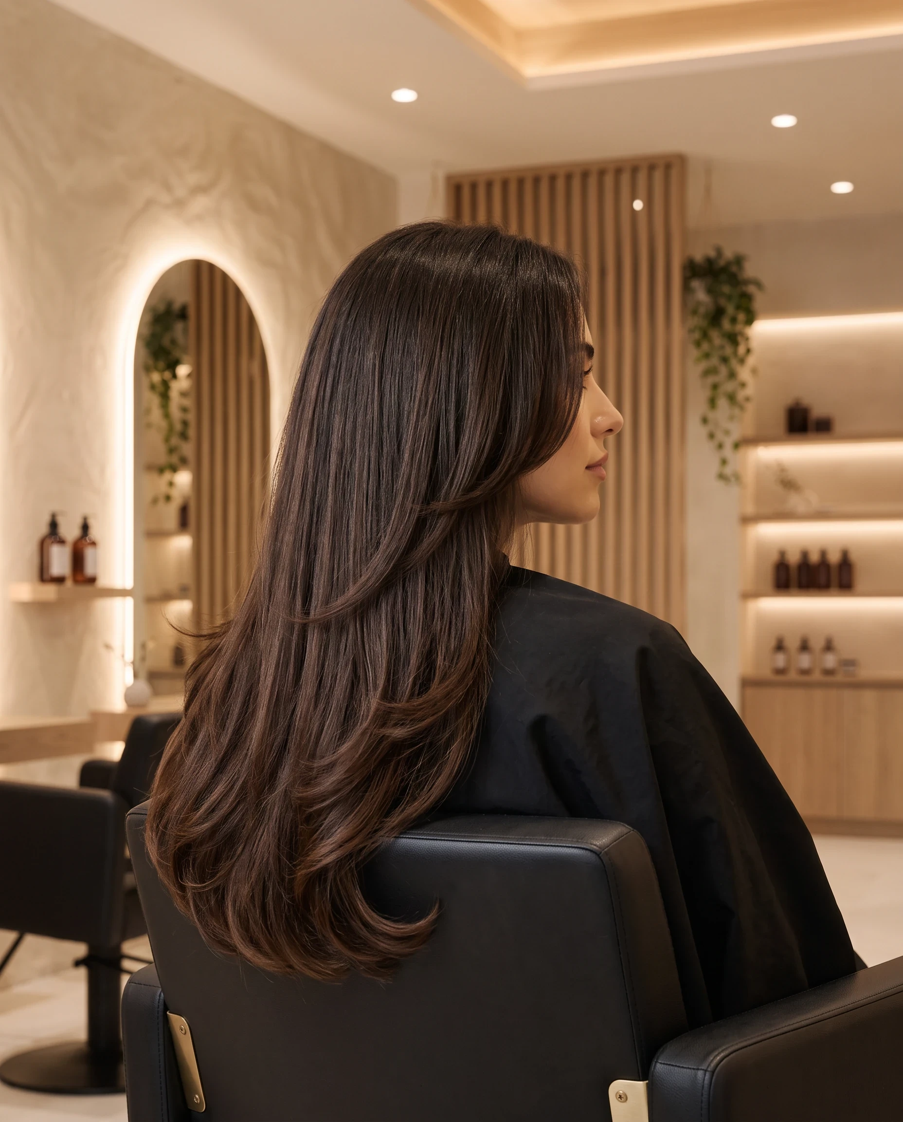 Long dark brown hair cut in soft face framing layers with a smooth blow dry