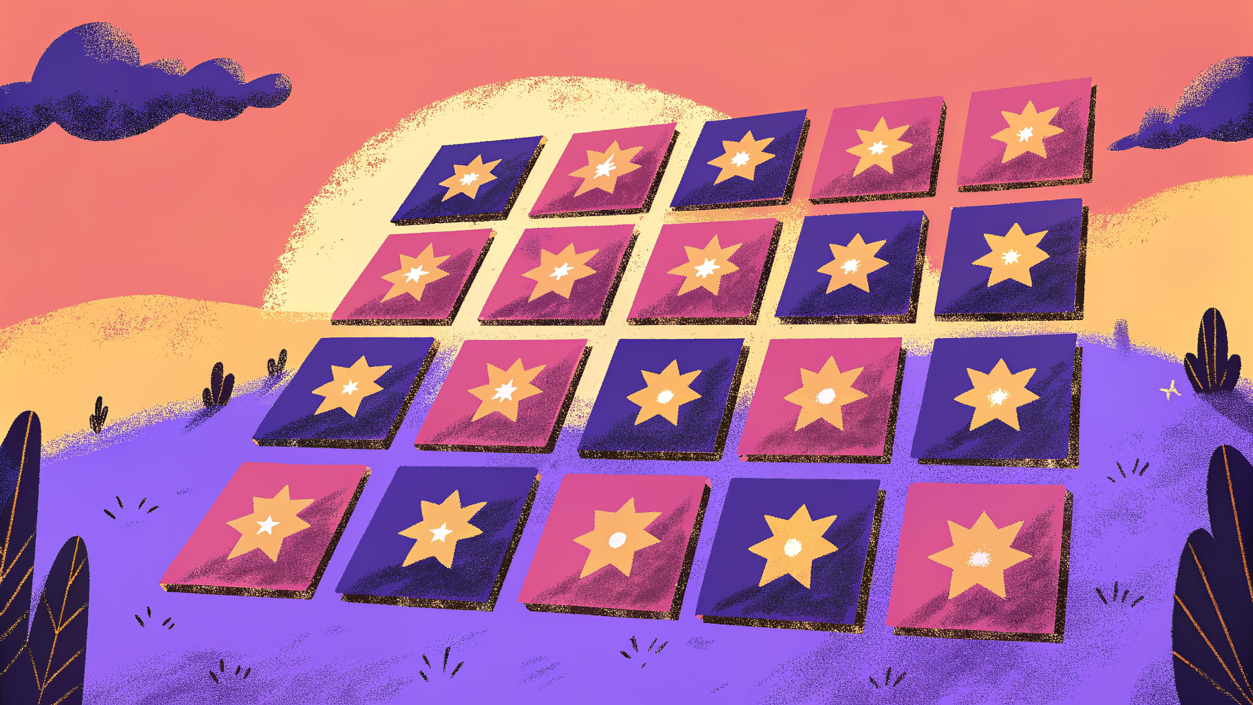 Illustrated grid of glowing star-marked tiles laid across violet hills under a dusk sky – Movement Wisdom Yoga Wordle