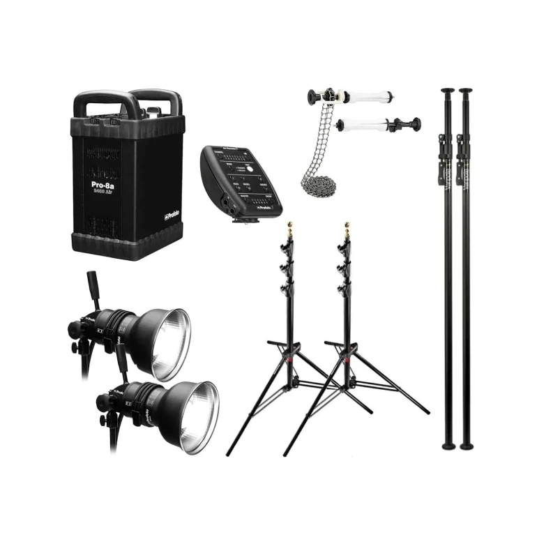 Image containing all the equipment present in the Profoto 8A 2400J Photo Pack: a Profoto Pro 8A 2400j generator, two Profoto Prohead flash heads, a Profoto Air sync, two Manfrotto autopoles (background support), a pair of Manfrotto mid-axes (background roller), two Manfrotto light stands.