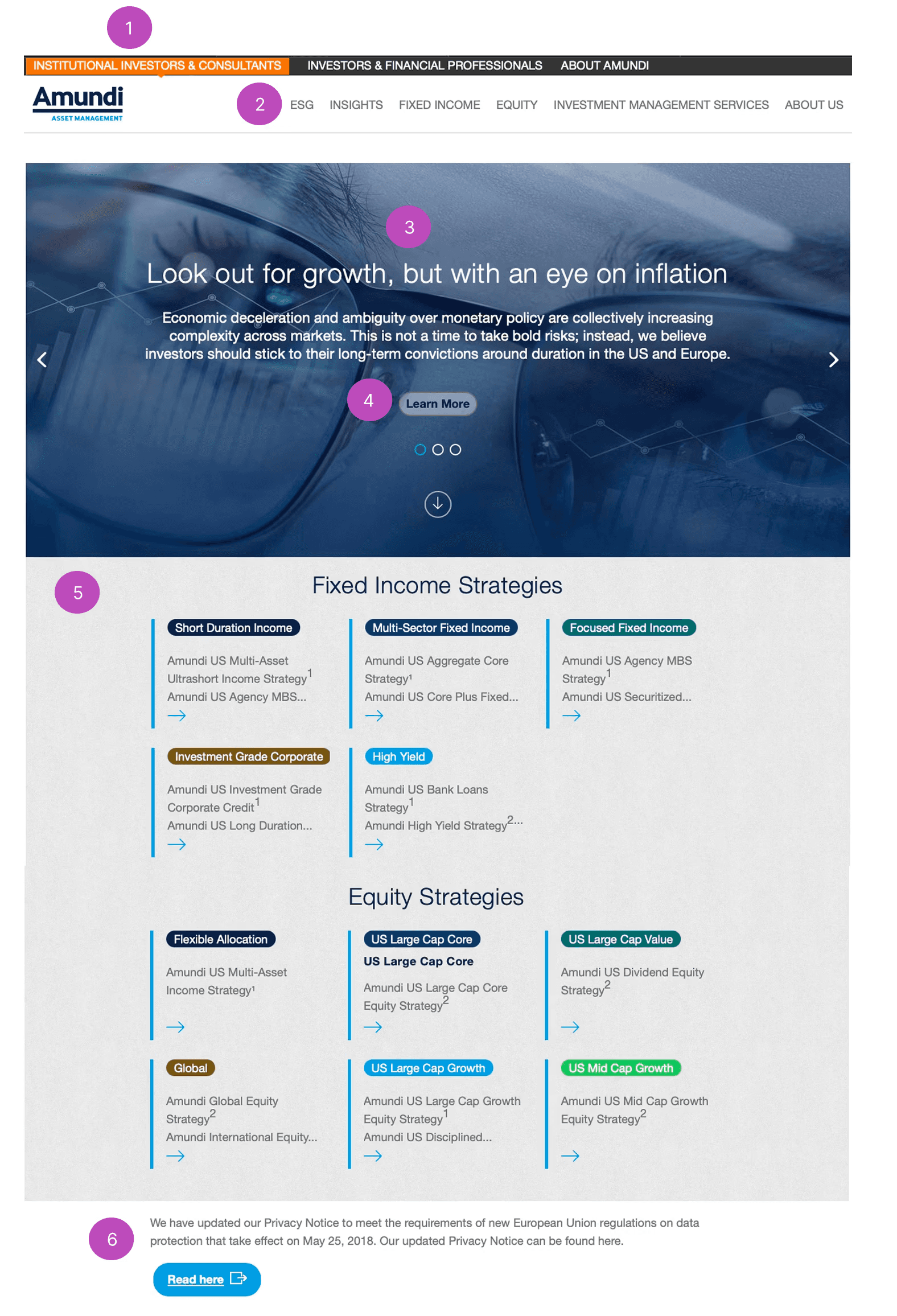 Annotated financial website showing a scannable product grid with multiple entry points and a detailed page with in-page navigation, highlighting improved content structure and navigation.
