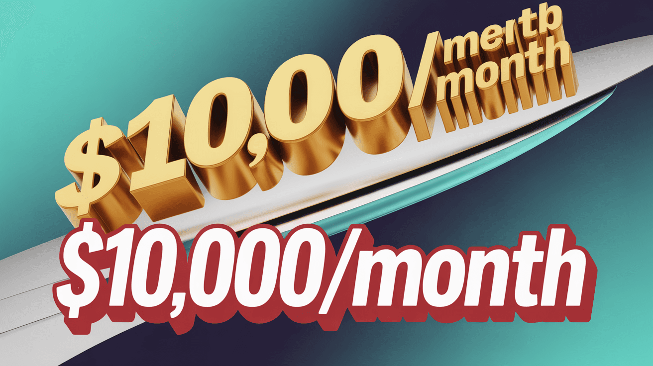 $10,000 per month finance claim on teal to navy gradient background