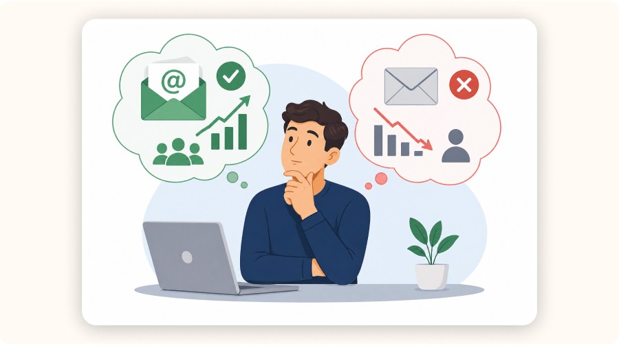 Person thinking between email marketing growth and decline charts illustration&nbsp;