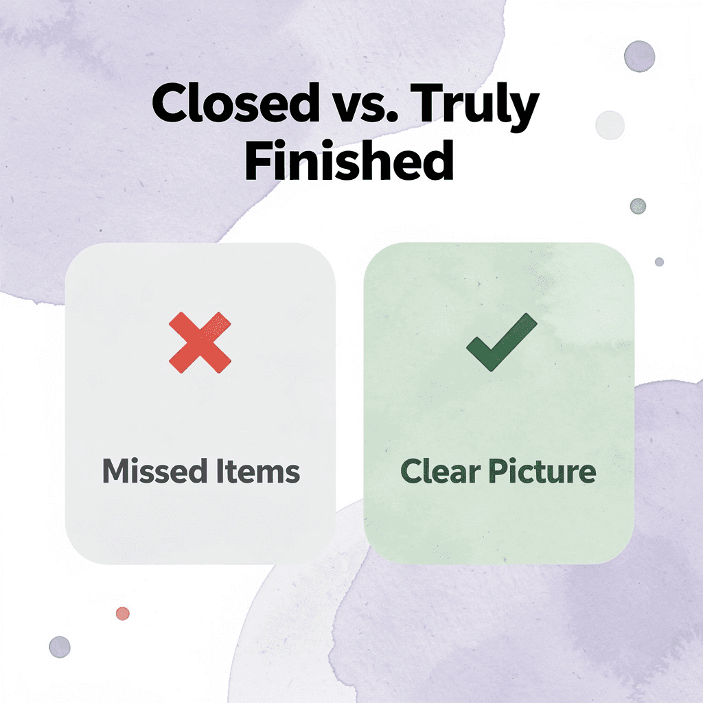 Before and after infographic showing the difference between closing with missed items versus having a clear picture of every open item