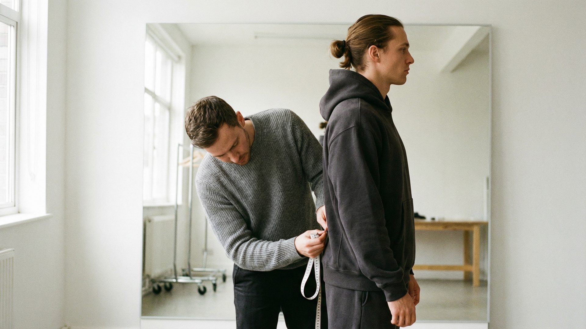 A fit model wearing a second-round fit sample of a hoodie, with a technical designer pinning the side seams and shoulder to adjust the silhouette for a more tailored, athletic fit.