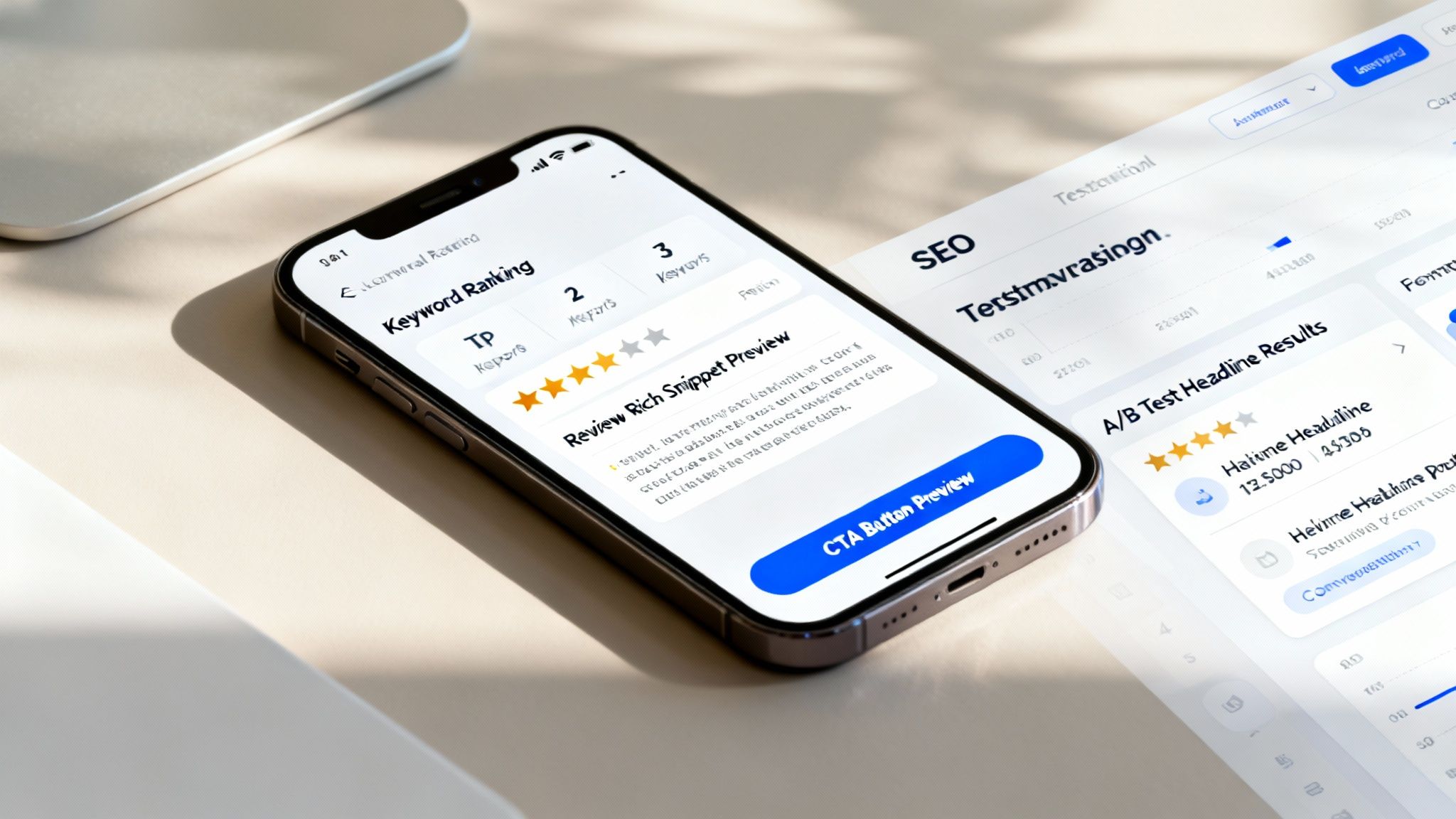 A smartphone and desktop display SEO and review management dashboards with ranking and A/B test results.