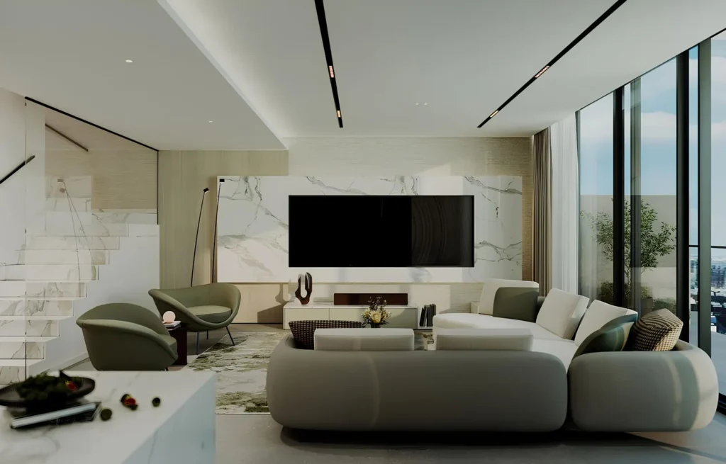Spacious modern living room at Norah residence, highlighted by a large window offering ample natural light.