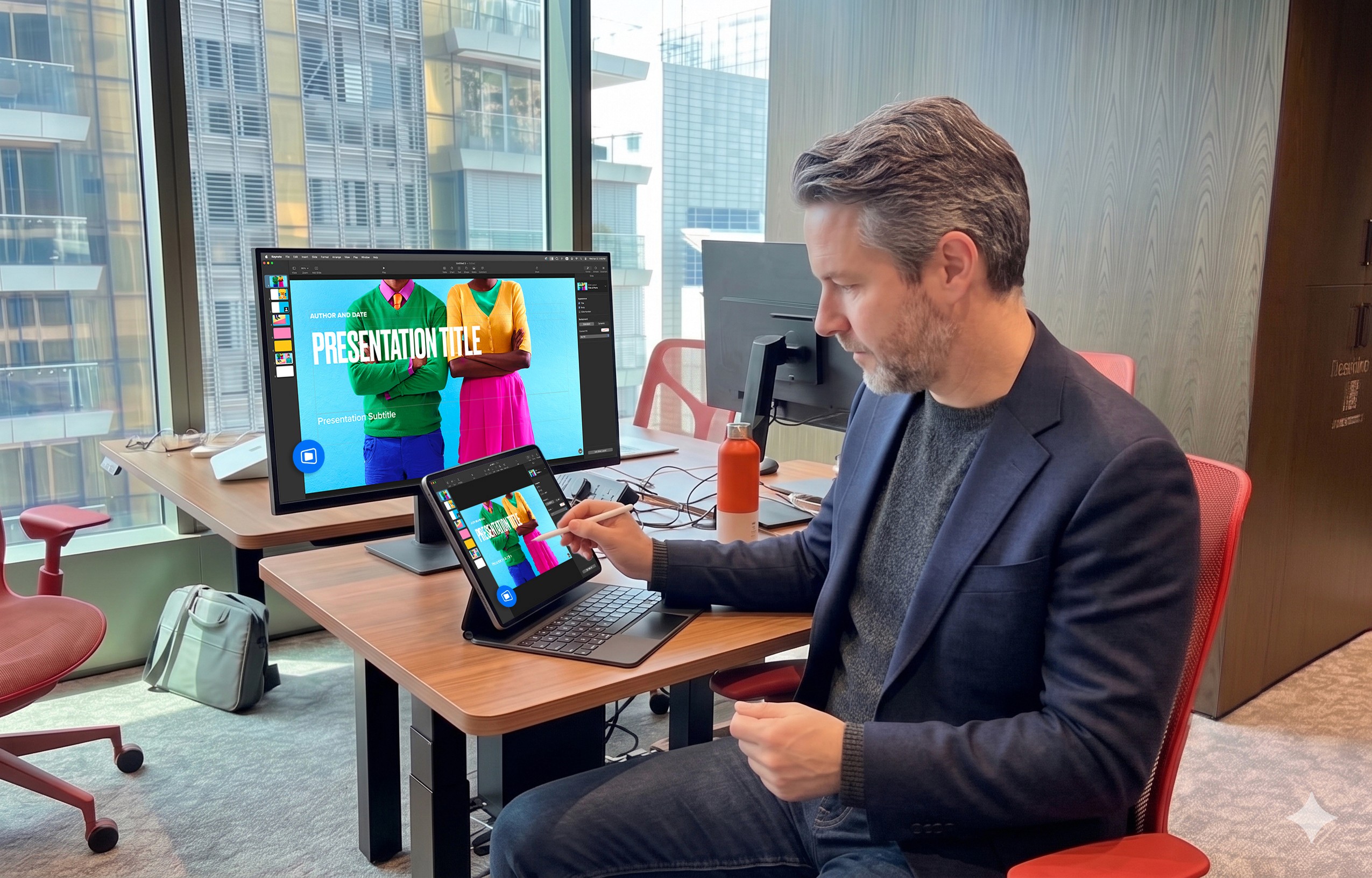 brand director approving designs and creatives with deskin at a Deskimo hot desk