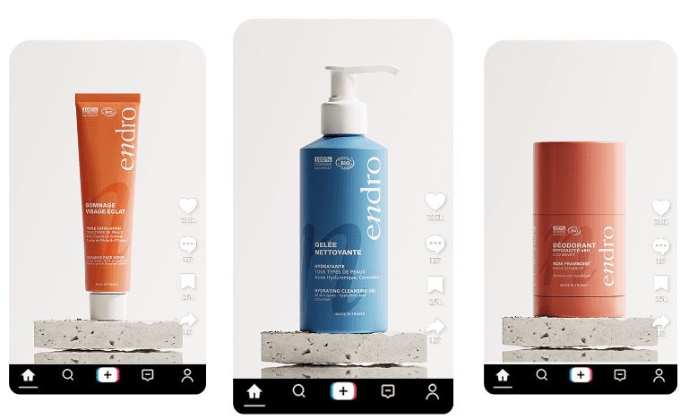 Orange and blue Endro Cosmetics Personal Care products on stone podiums, TIkTok interface