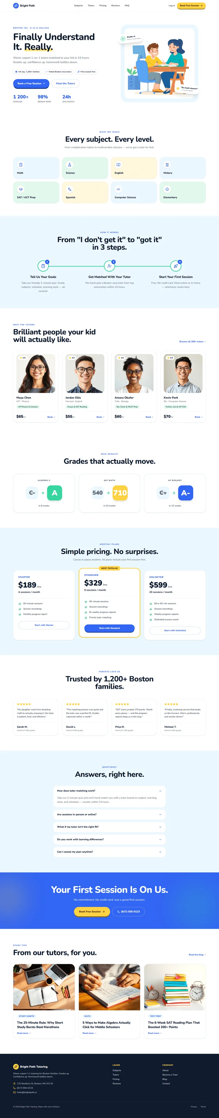 Full tutoring website design: friendly hero, subjects, tutor profiles, grade results, pricing