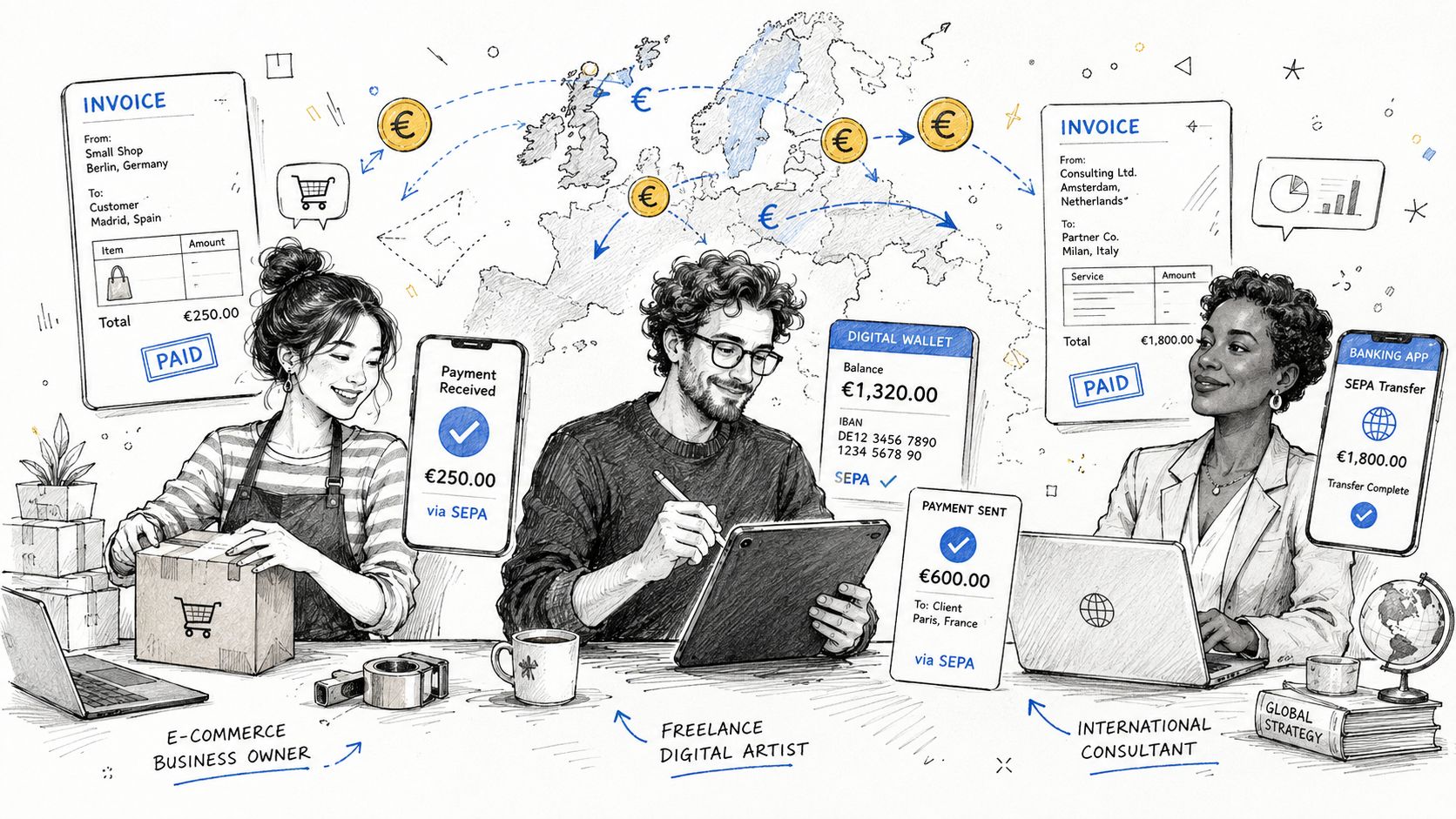 A digital illustration showing professionals using SEPA bank transfers for international business transactions across Europe.