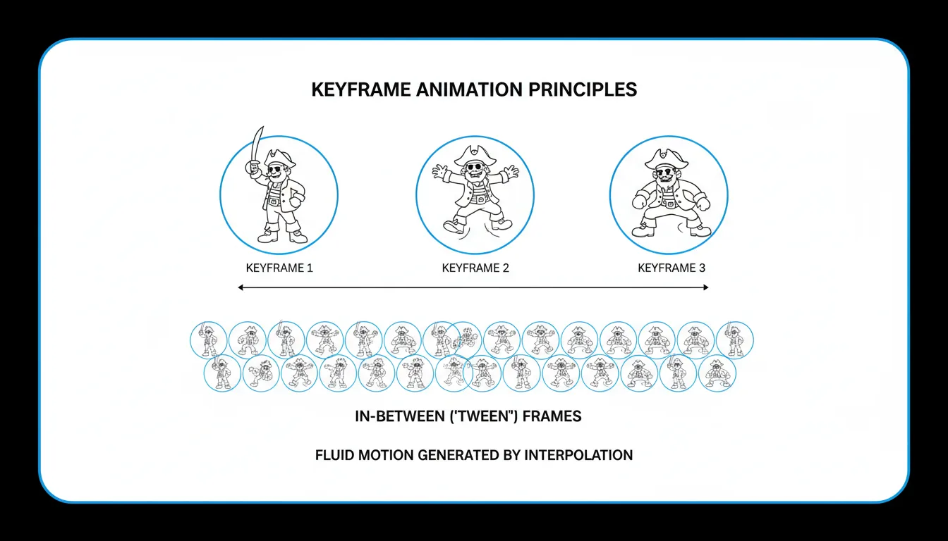 A minimalist technical diagram explaining keyframe animation, presented as a clean slide with a central white panel and a rounded blue border against a solid black background. The diagram consists of two rows of black and white line art drawings of a classic cartoon pirate. The top row shows three widely-spaced keyframe poses. The bottom row shows a long, dense sequence of in-between 'tween' drawings, illustrating fluid motion. The style is clean, educational, and diagrammatic, with abstracted placeholder text for a title and labels.