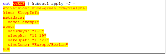 Terminal applying an example SleepInfo resource that puts deployments to sleep at 11:19 and wakes them at 11:21