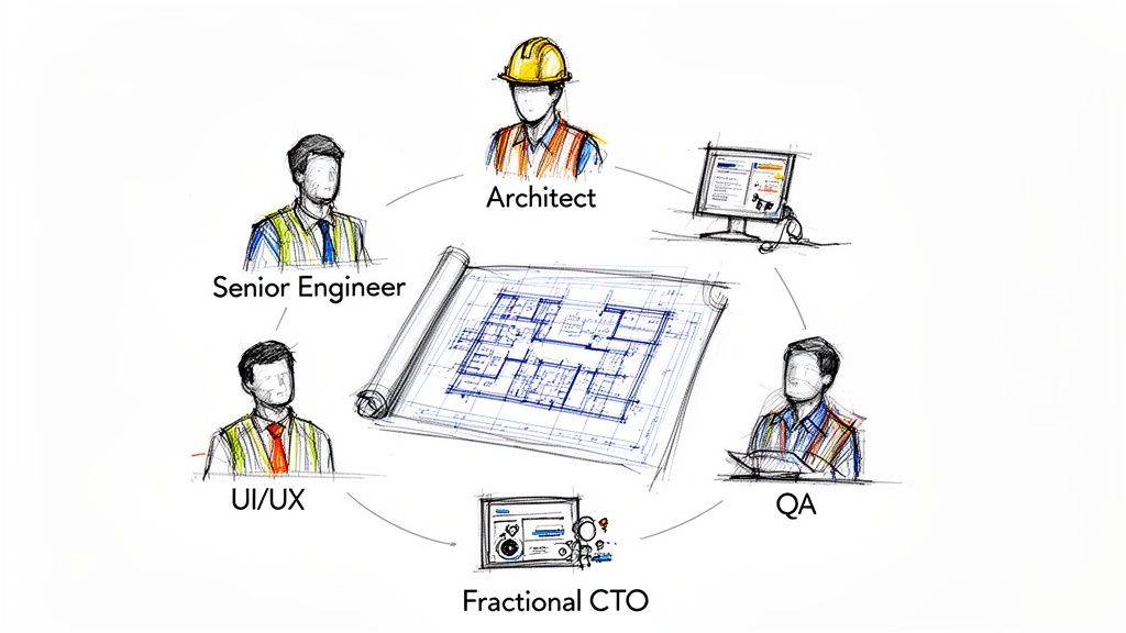 Sketch diagram showing a software development team with roles like Architect and UI/UX collaborating on a blueprint.