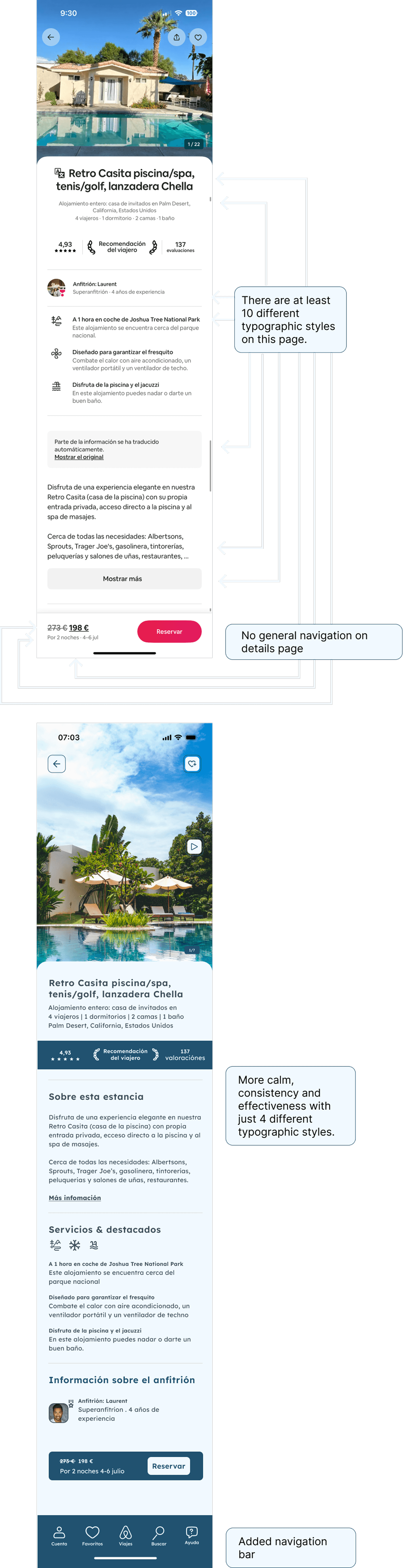 Side-by-side comparison of three Airbnb app detail screens for property, experience, and culinary service, each using different layouts and profile picture placements. Annotation bubbles highlight inconsistencies and suggest aligning detail page structures for better user experience.