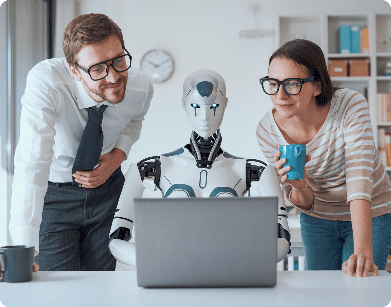 Business people supervising a robot work