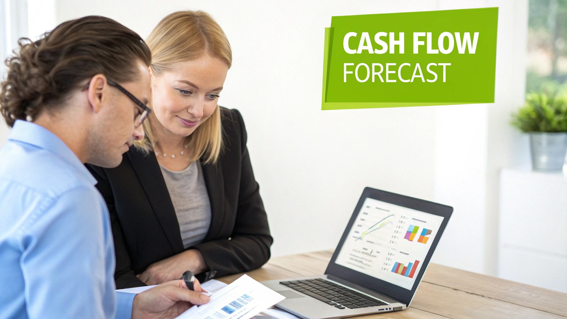 Business professionals analyzing a cash flow forecast, discussing financial data and graphs on a laptop.