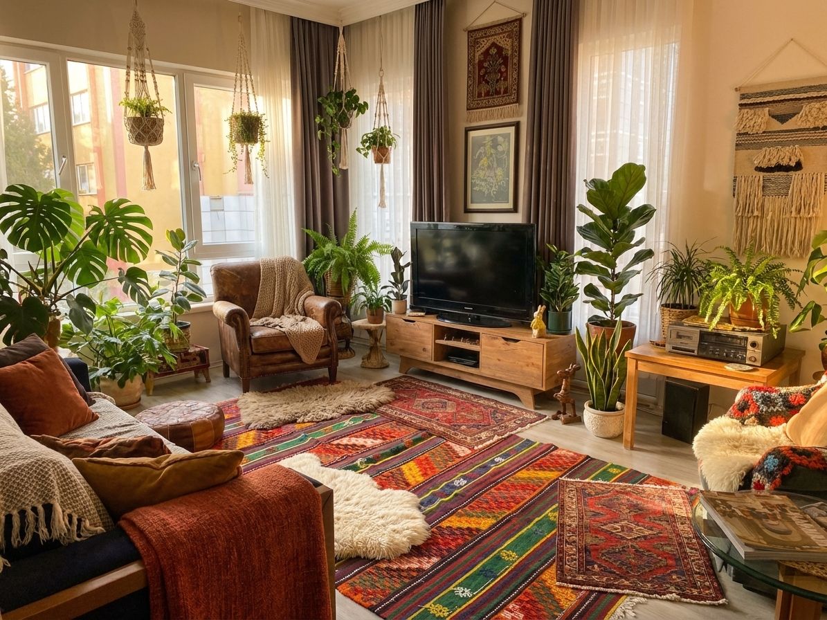 Bohemian living room with earth tones and indoor plants designed by AI