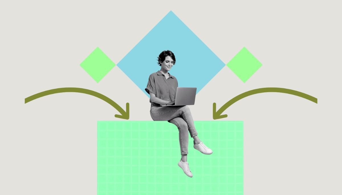 Person using laptop with geometric background, symbolizing working interviews and whether to agree to one.