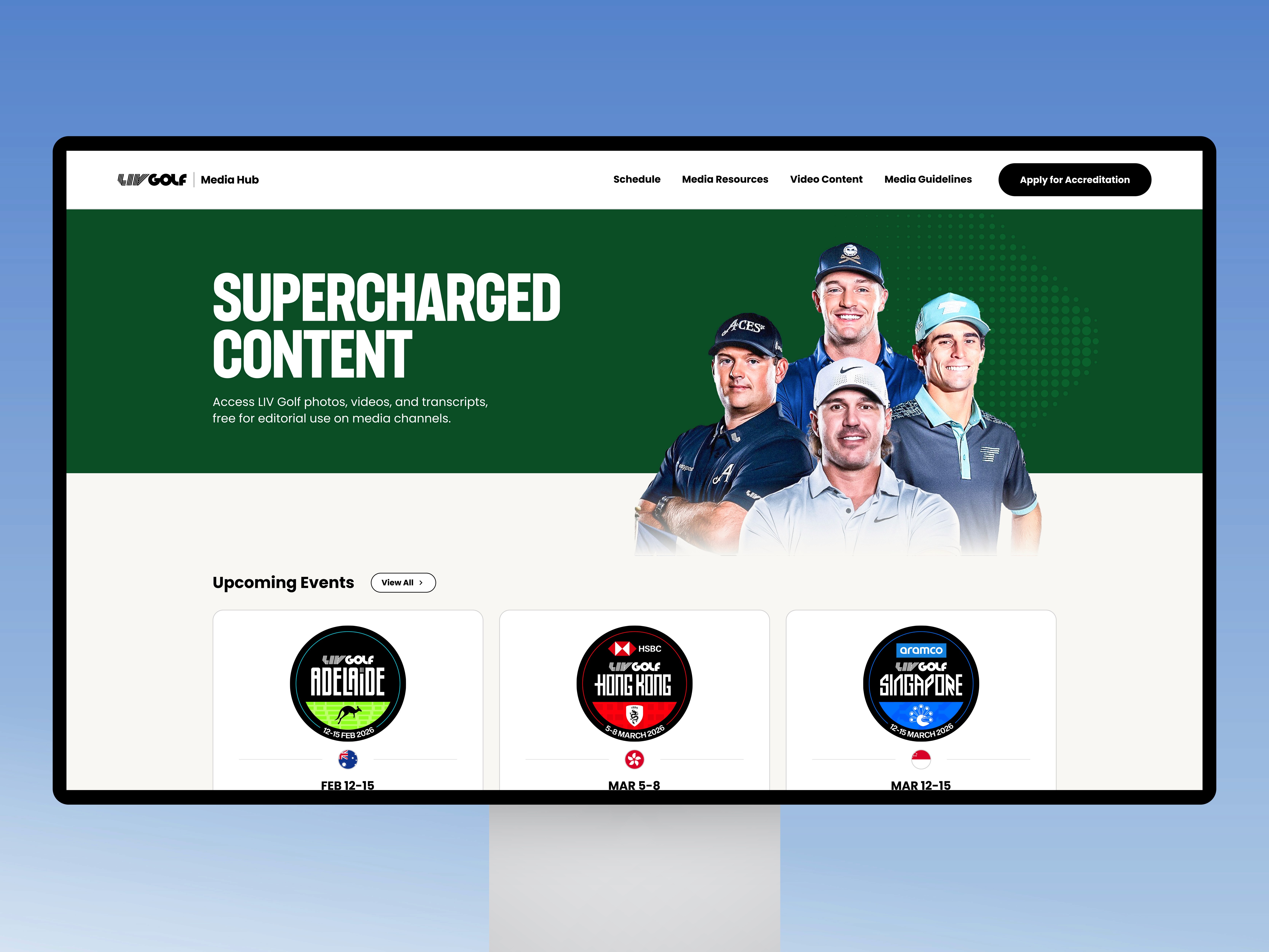 LIV Golf Media Hub homepage providing access to tournaments, media resources, video content, and accreditation workflows.