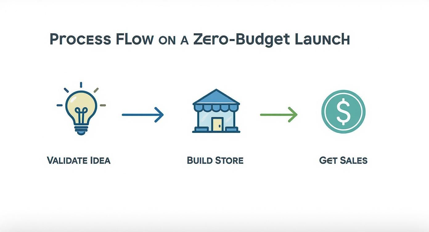 Flowchart detailing the process of a zero-budget launch: validate idea, build store, get sales.