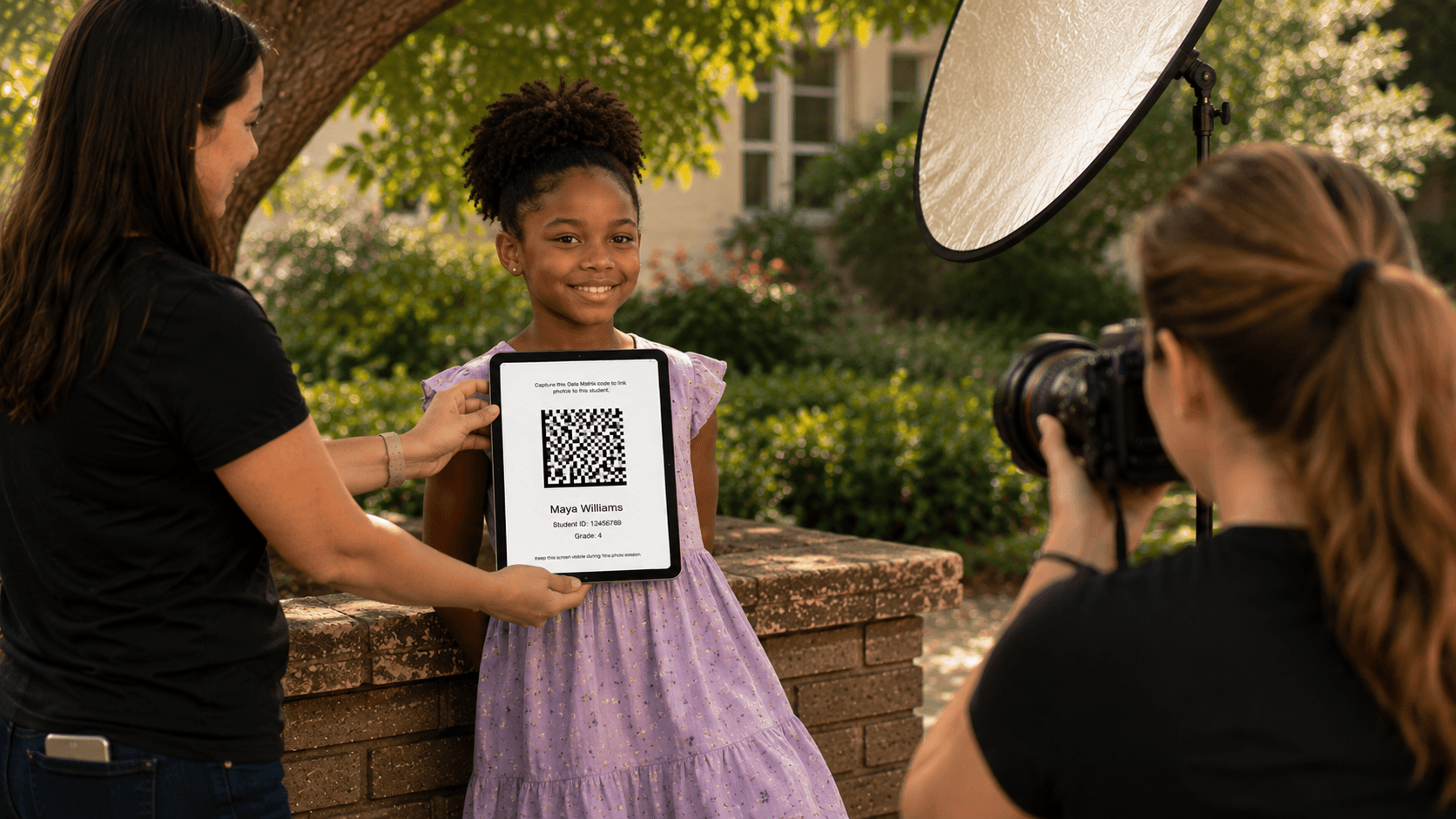 Photography assistant holding a paperless QR code camera card on a tablet in front of a student while a school photographer captures a keyframe image during an outdoor portrait session.