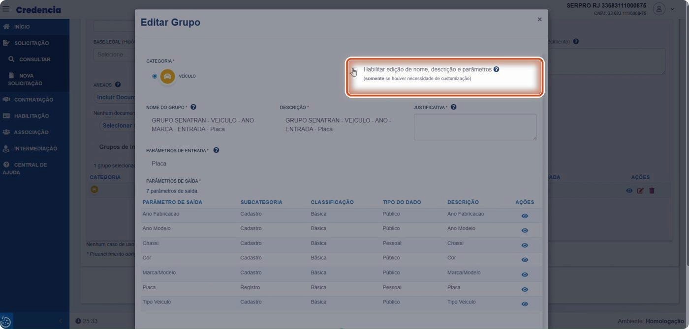 Captura de tela de referência do Credencia para Passo 2 — Habilitar a edição do grupo. Contexto: 15 — Editar Grupo de Informações.