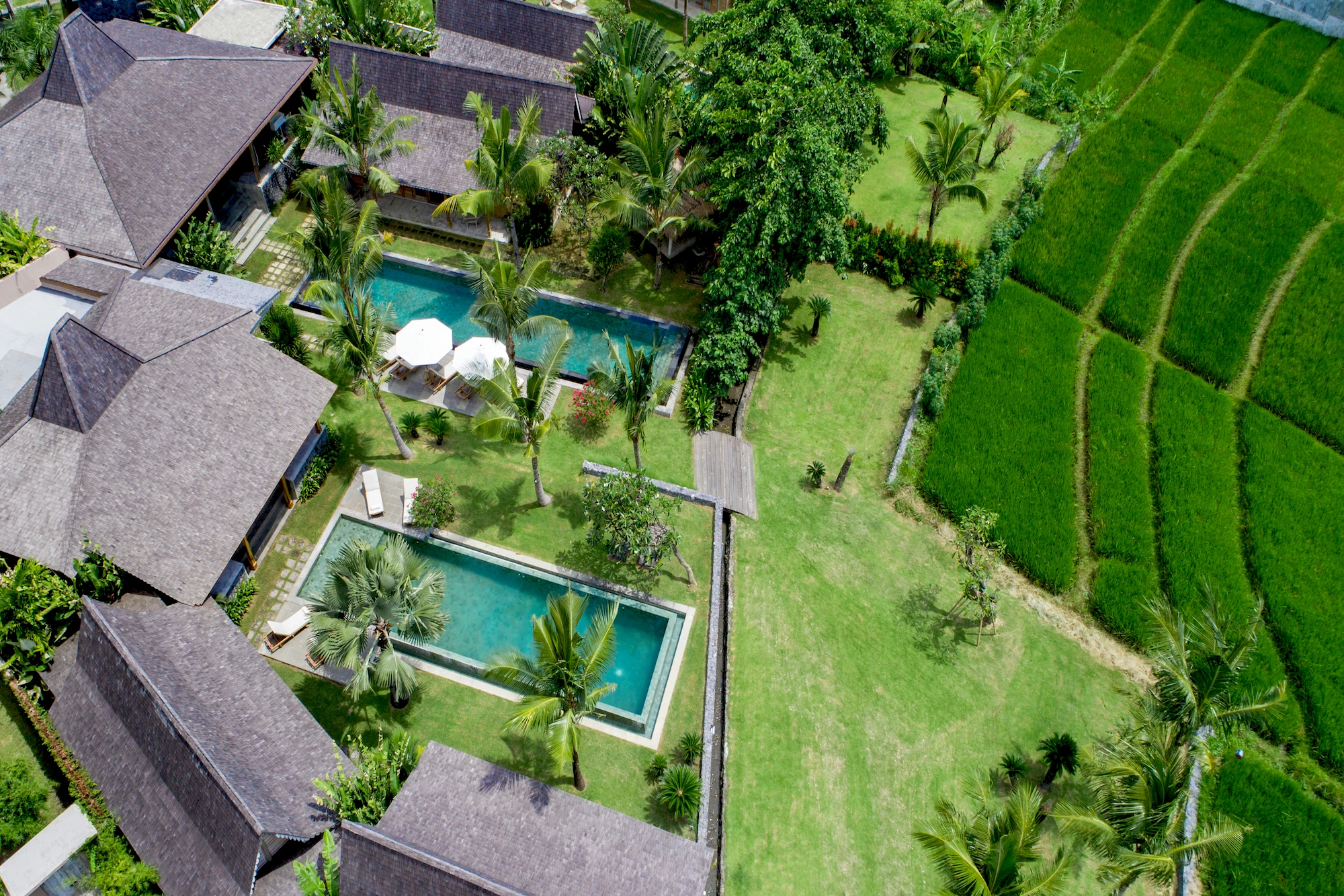 Aerial view of luxury villas and rice fields. Trust our real estate team for the best Kerobokan property deals.