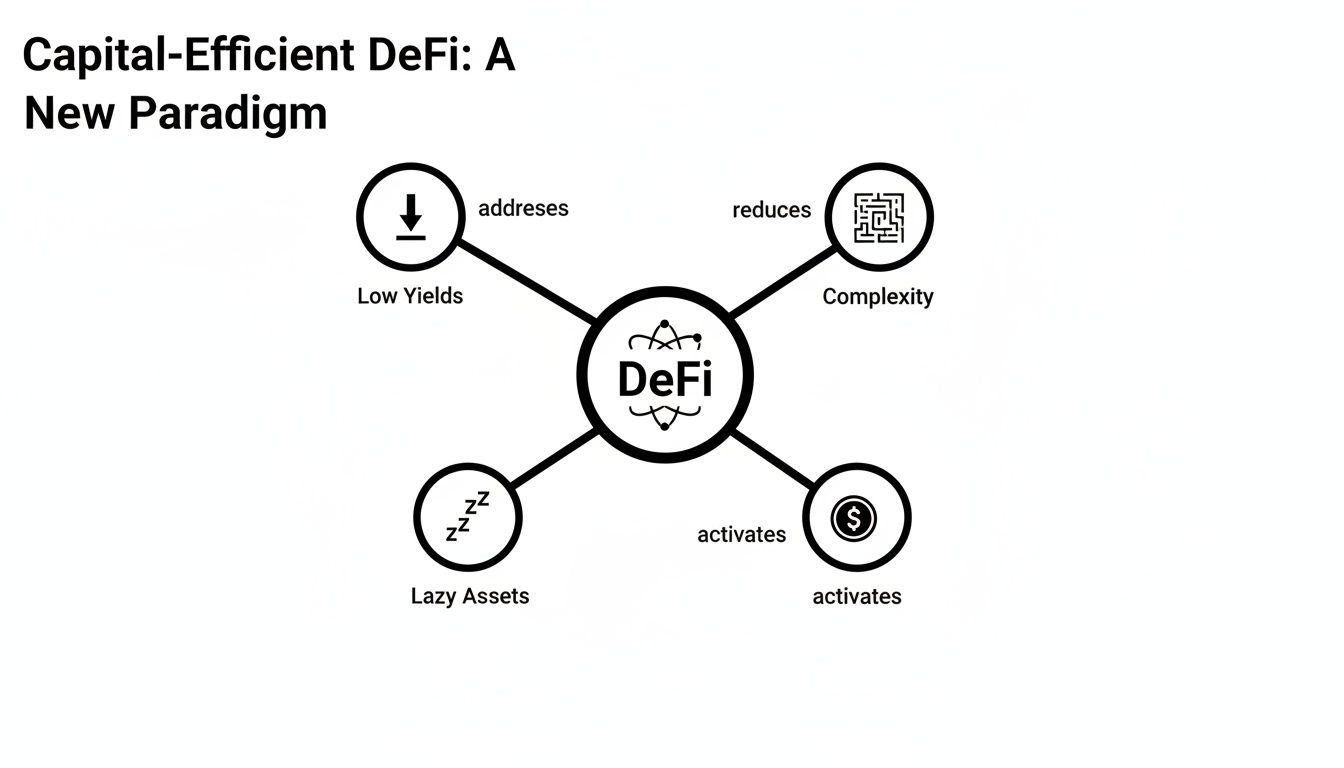 Diagram illustrating capital-efficient DeFi's impact on low yields, complexity, and inactive assets.