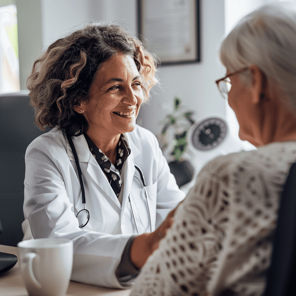 Clinician listening to an older patient during a consultation.