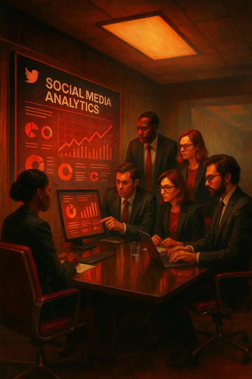 Team analyzing data at RockN' Socials Digital Marketing Agency meeting.