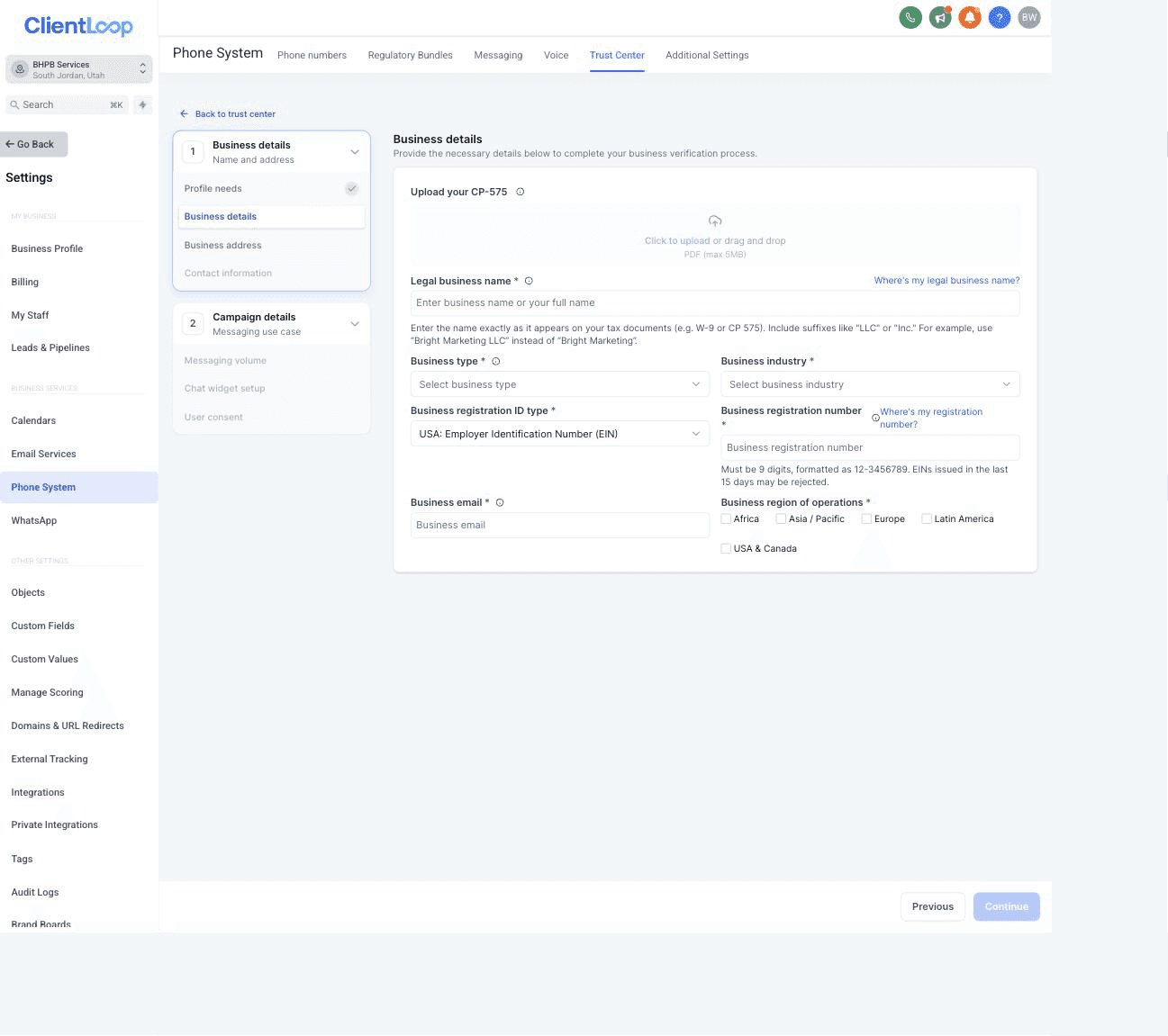 The business details step — legal name, EIN, business type
