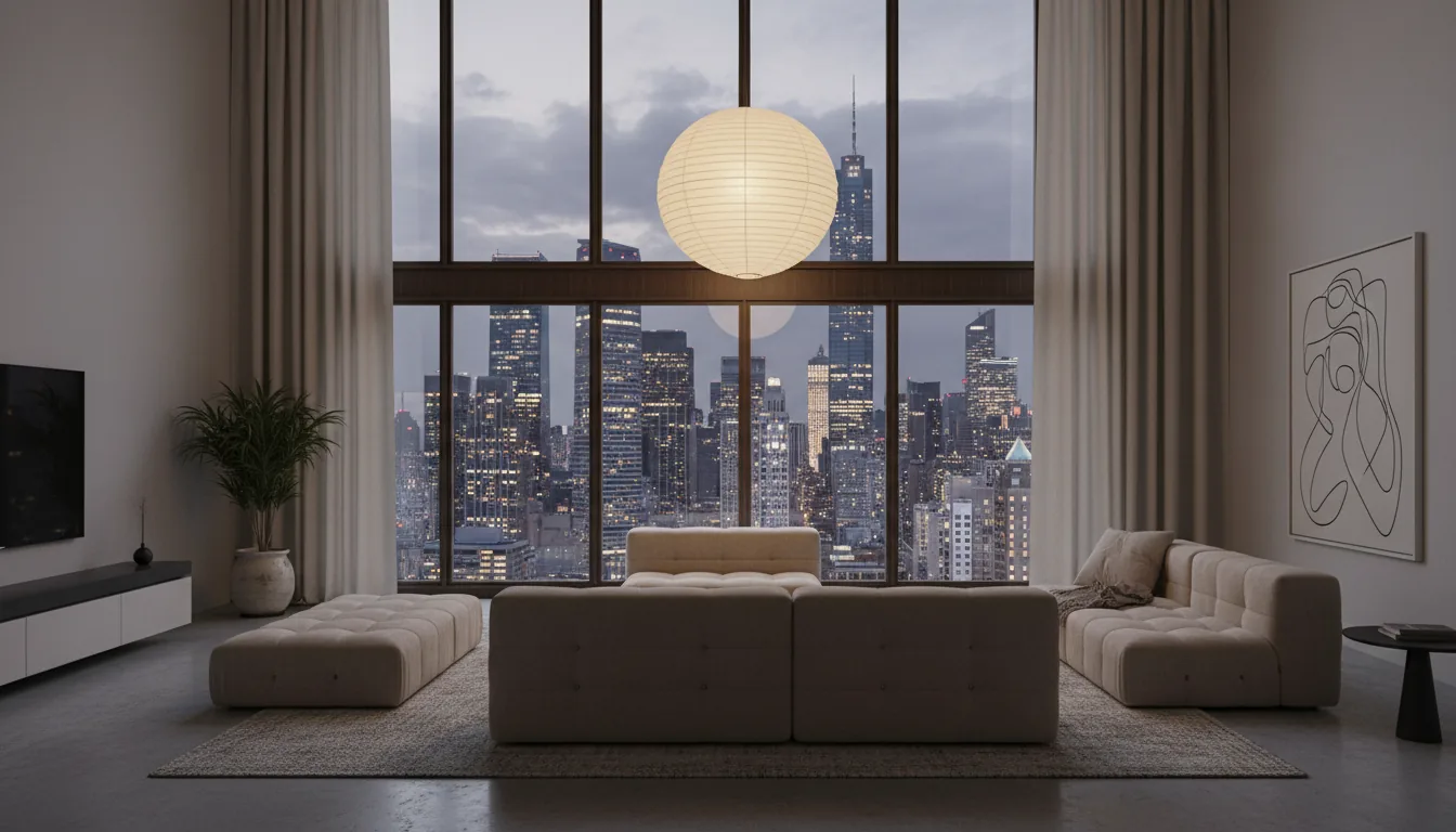 Photorealistic architectural visualization, Lumion style render of a modern, luxurious double-height penthouse living room at dusk. Expansive floor-to-ceiling windows with dark wood frames reveal a dense city skyline with illuminated skyscrapers under a cloudy twilight sky. The interior has soft, warm ambient lighting from a large, glowing spherical paper lantern pendant light hanging from the high ceiling. Two large, low-profile, tufted modular sofas in a soft beige fabric are placed on area rugs over a polished concrete floor. A single heavy, cream-colored curtain hangs from the high ceiling. Minimalist decor, including a potted plant and a large abstract line art painting. Cinematic and sophisticated mood.