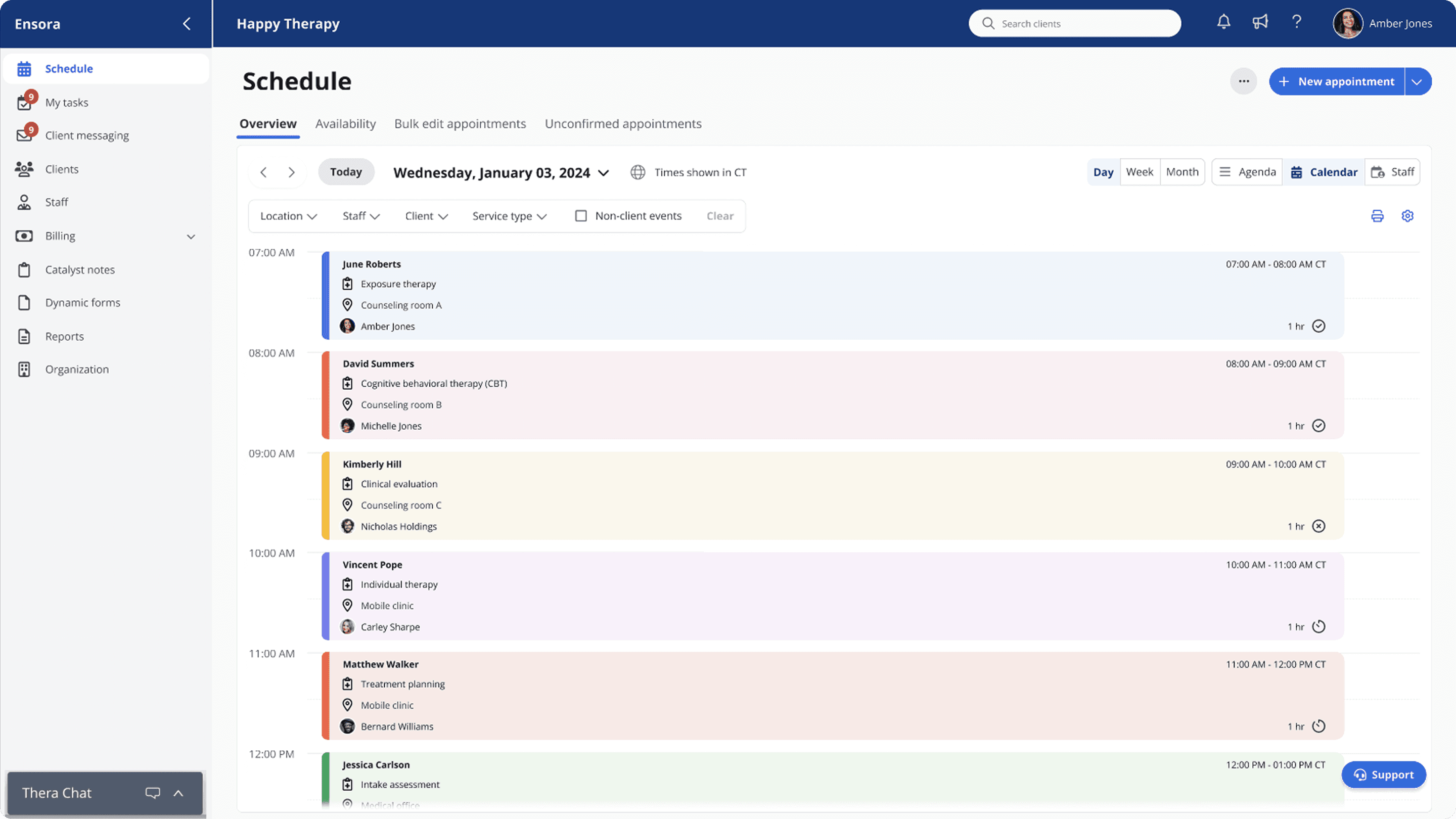 Color-coded daily calendar view showing densely packed therapy appointments across multiple days, illustrating high-volume scheduling complexity.