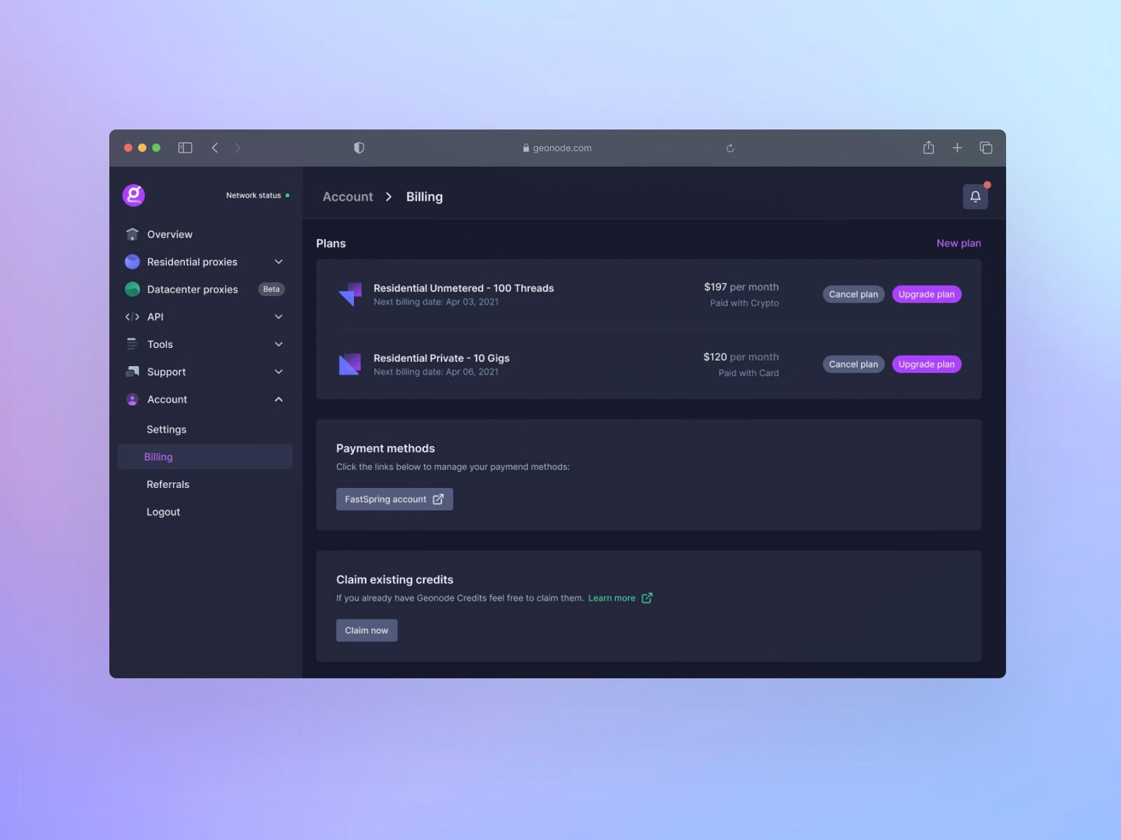 Billing Payment SaaS Proxy Service UX/UI Design