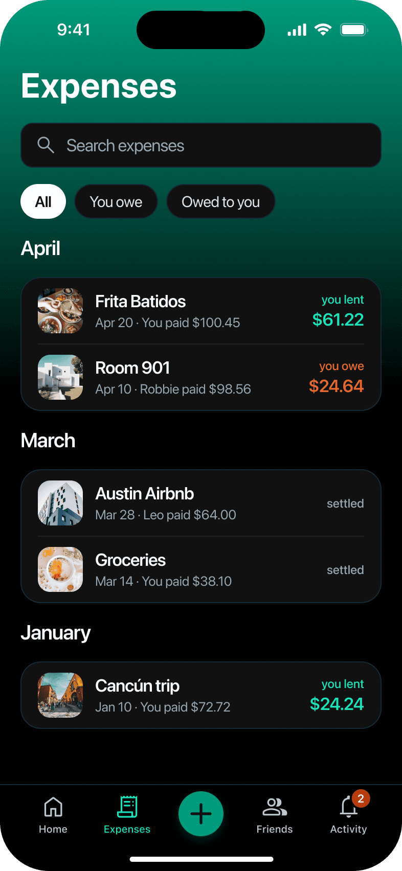 Expenses: history grouped by month