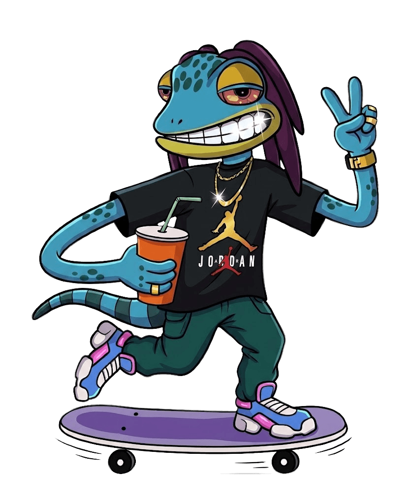 illustration of a dollar shaped character on a skateboard