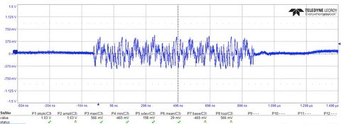 Oscilloscope capture over the shielded pair: cleaner 1000BASE-T1 bursts with reduced noise