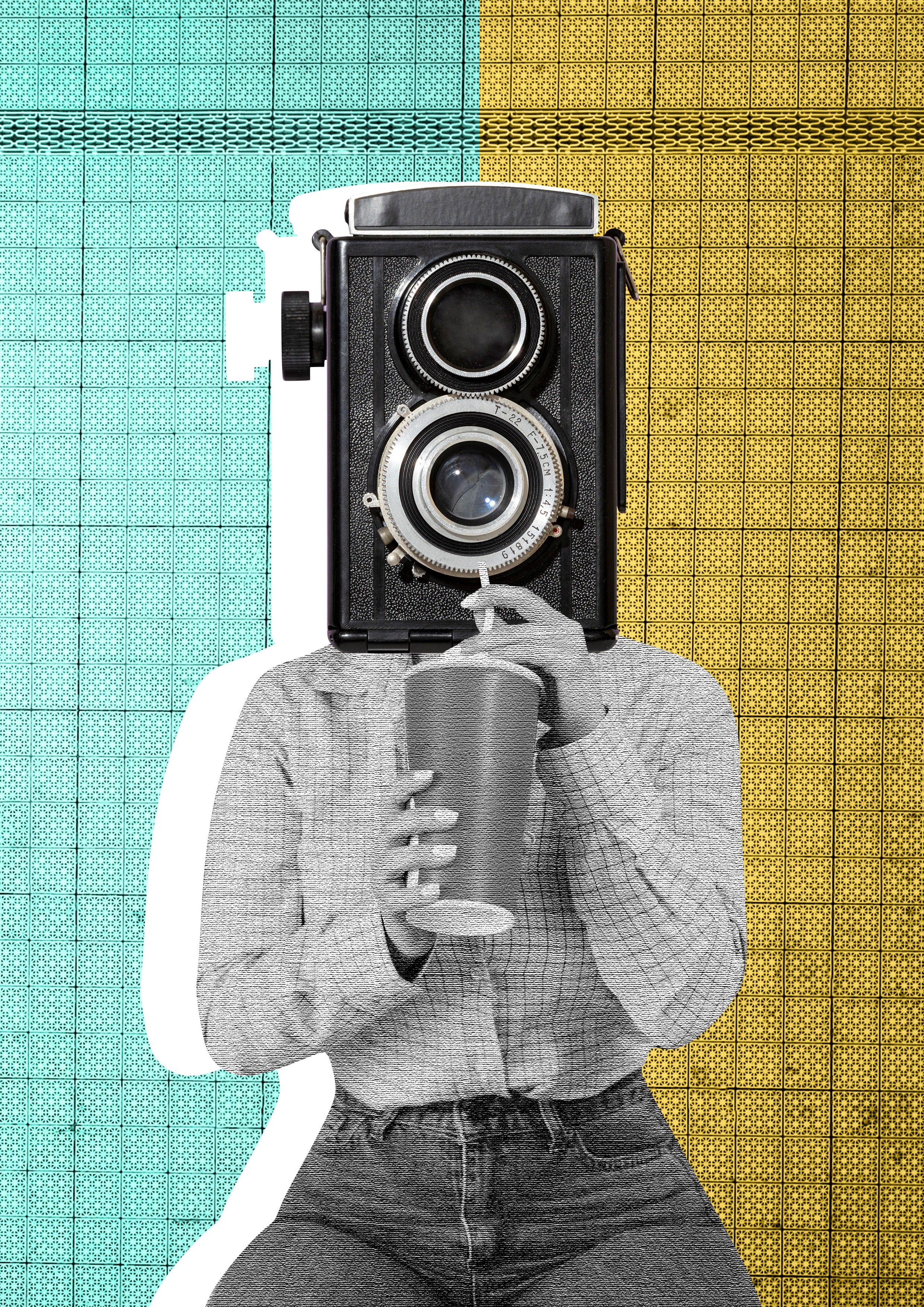 Illustration of a person with a vintage camera as a head, drinking from a cup with a straw against a blue and yellow grid background.