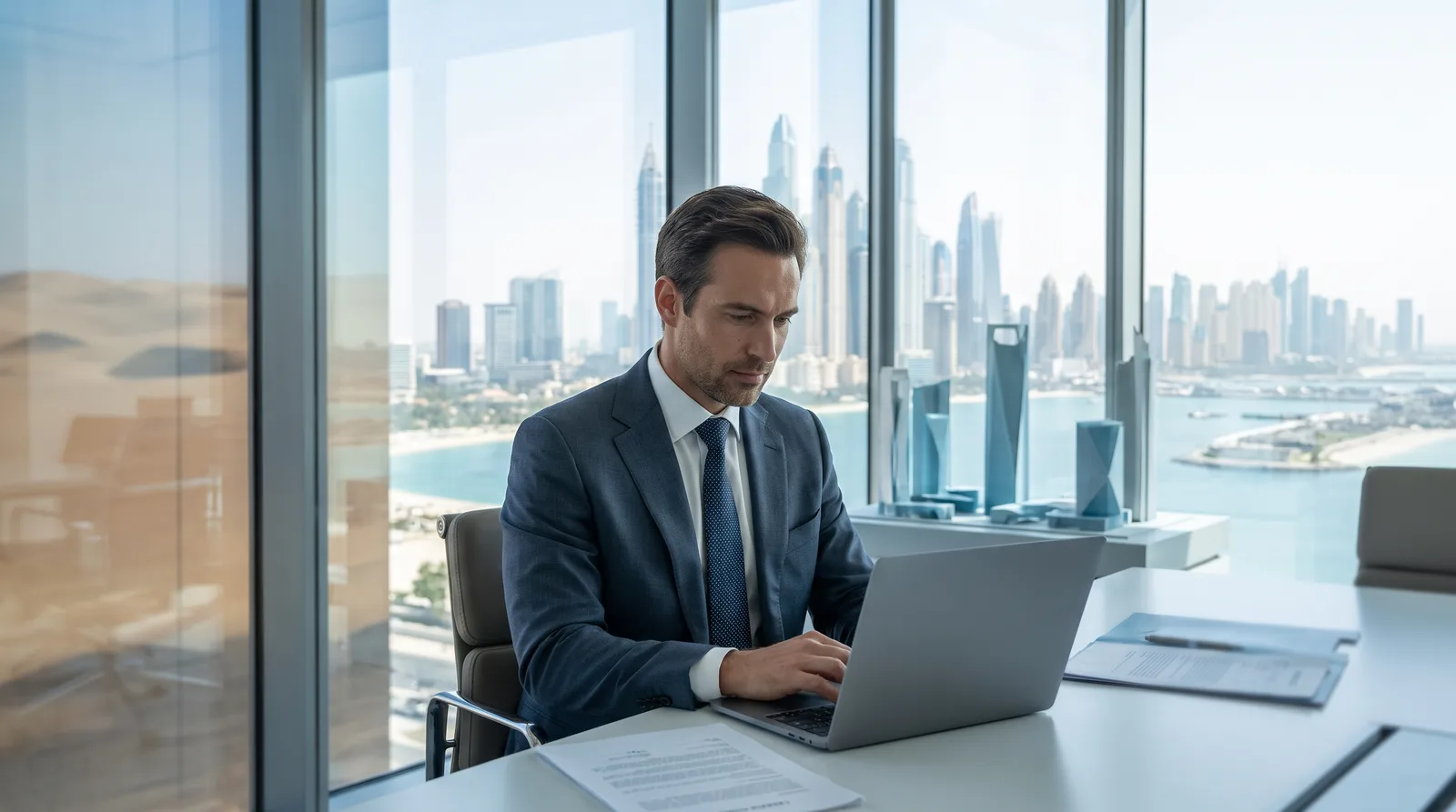 American founder reviewing trade and shipping plans near Dubai port containers
