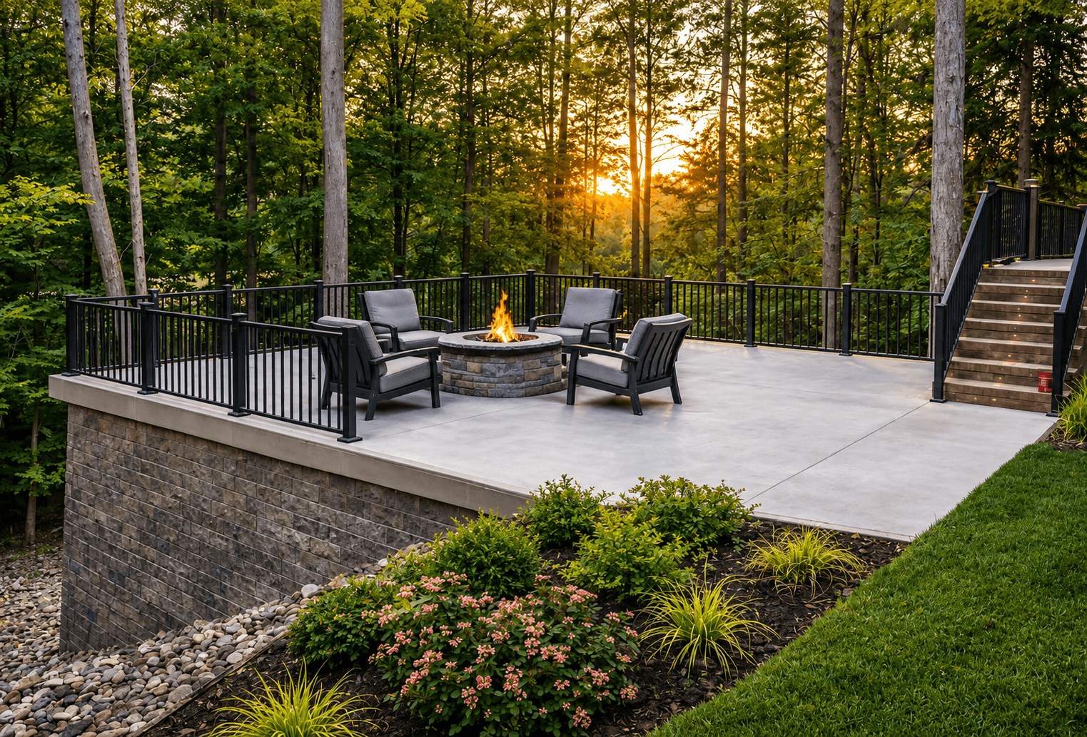Elevated concrete patio with black metal railing and a stone fire pit seating area overlooking the woods at a home in Treyburn, North Carolina.
