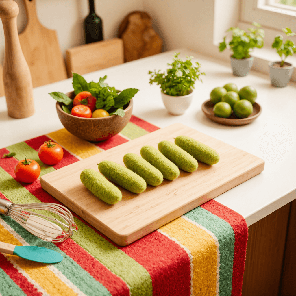 product photography of a set of felt pickles