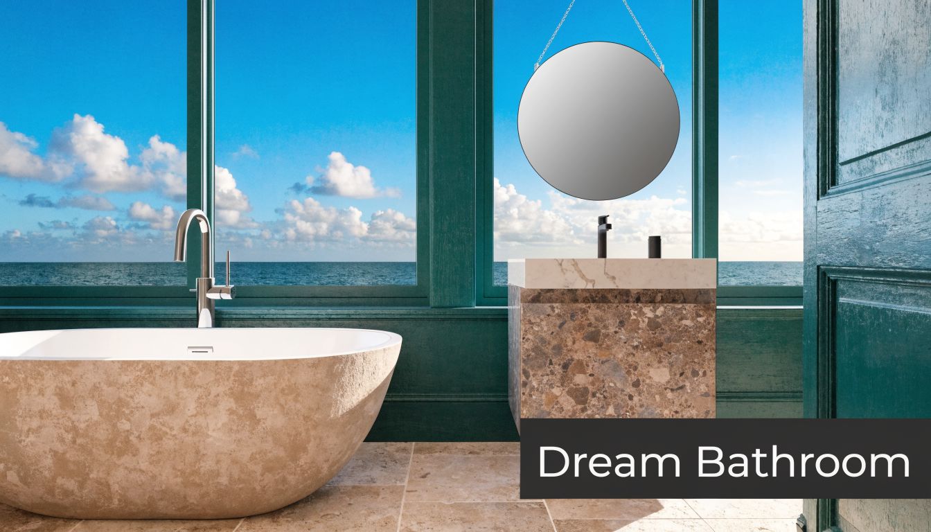 A luxurious bathroom featuring a stone soaking tub, vanity, and large windows with a scenic ocean view.