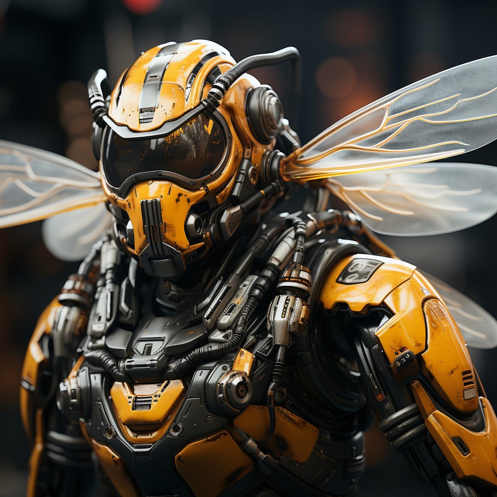 A detailed cybernetic figure in a yellow and black bee-inspired suit with transparent wings