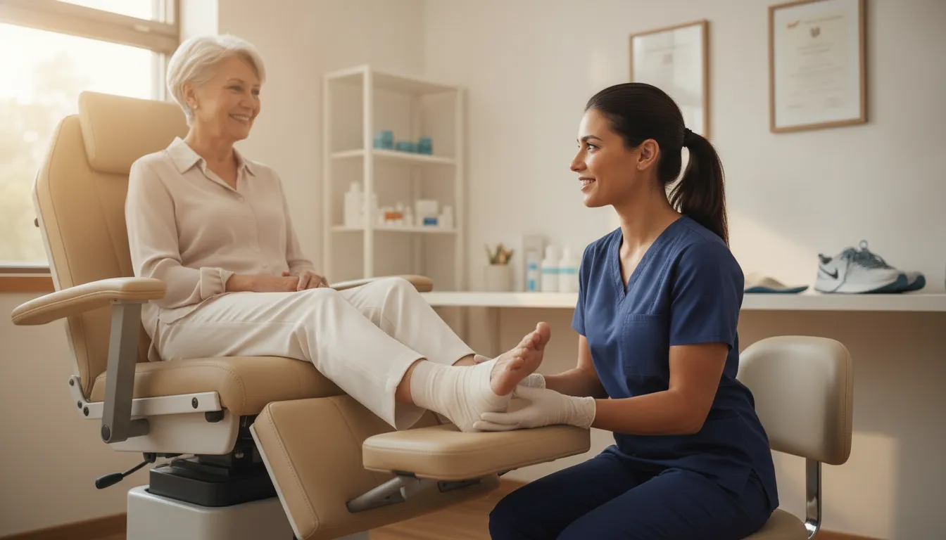 Podiatrist examining a patient's foot in a bright medical office