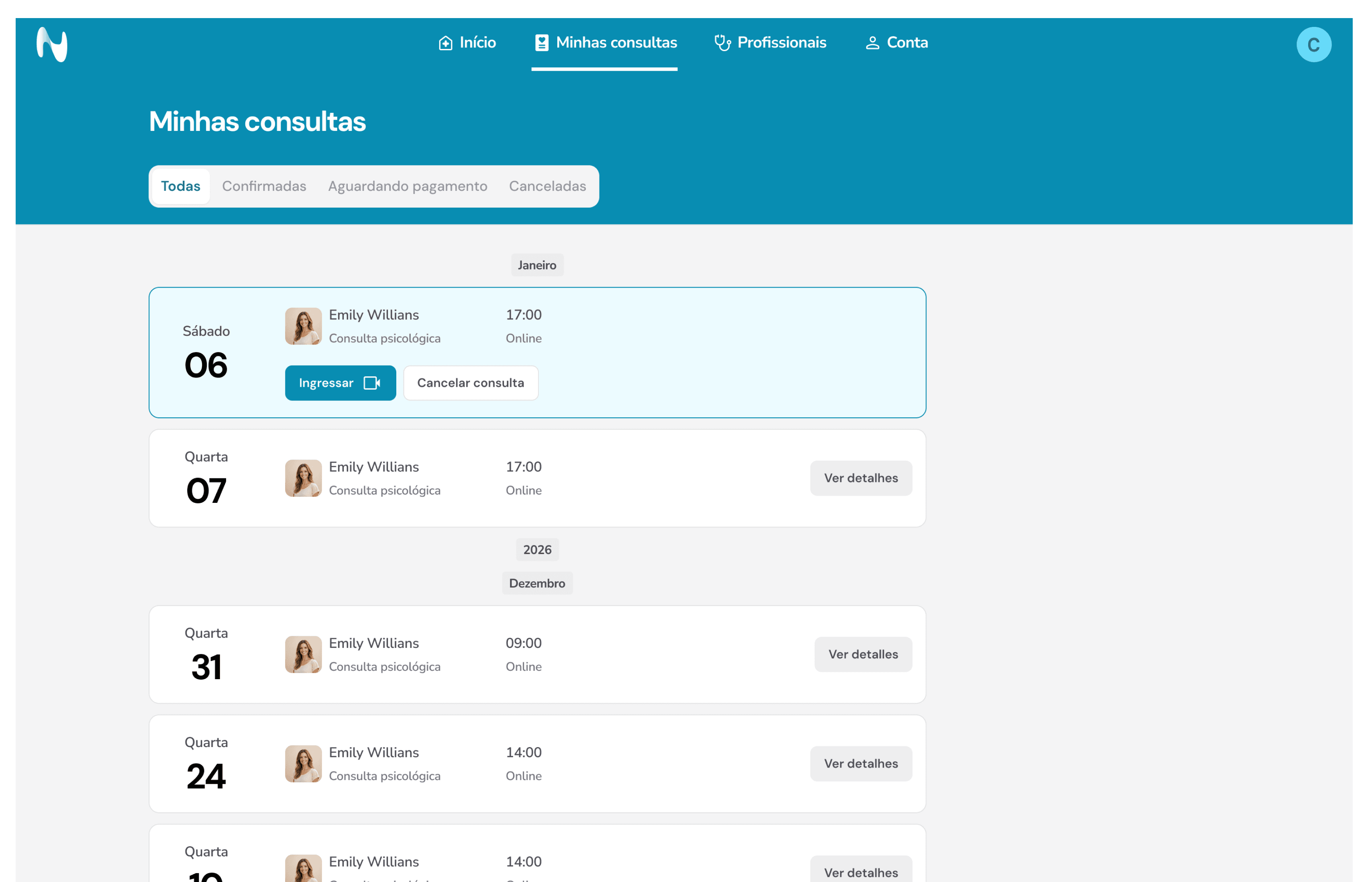 Tablet mostrando a página de consultas do OnMind