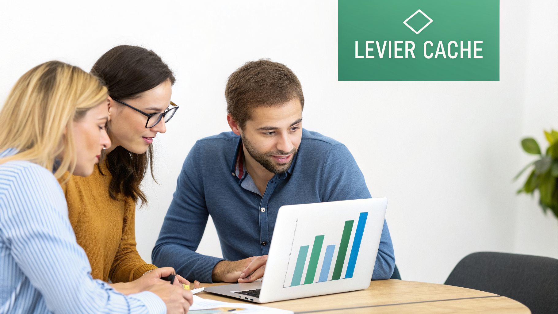 Trois personnes collaborent autour d'un ordinateur portable affichant des graphiques, avec le logo Levier Cache en arrière-plan.