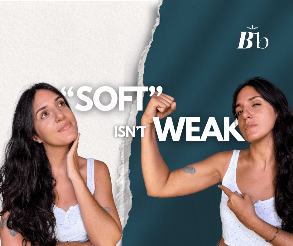 Two facets of the same woman are being shown through a split frame with 2 pictures of her. One is feminine and soft, smiling. The other is fierce and strong, flexing her arm and showing her bicep