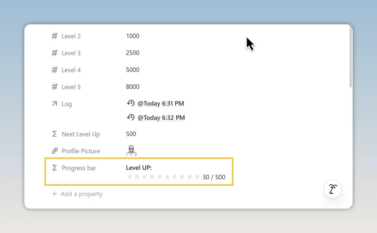 Notion character properties showing level requirements and a progress bar reading Level Up with 30 out of 500 EXP